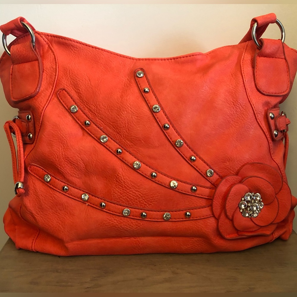 Coral Handbag with Flower and Studs Design